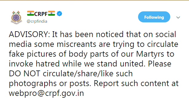 CRPF की अपील, फर्जी तस्वीरें शेयर न करें