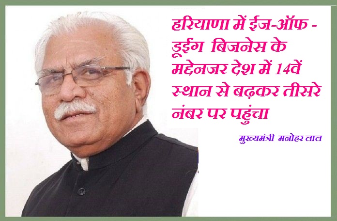 हरियाणा में ईज-ऑफ -डूईंग  बिजनेस के मद्देनजर देश में 14वें स्थान से बढ़कर तीसरे नंबर पर पहुंचा । 